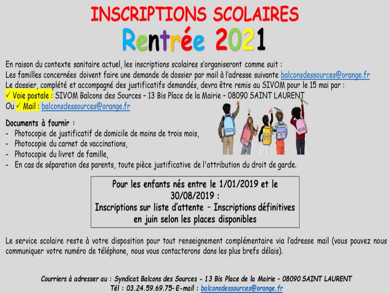 Inscriptions scolaires - Rentrée 2021